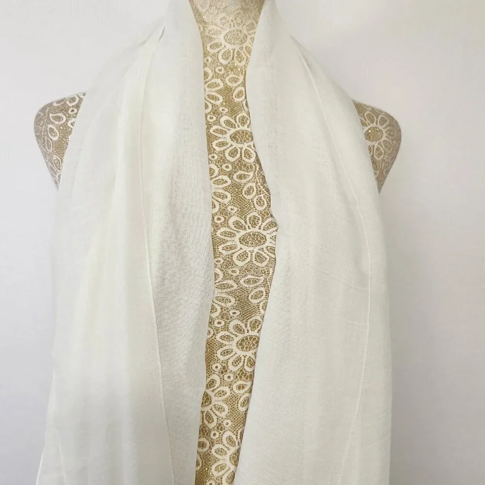 Scarf Women's Rectangle White Detailed Floral Embroidered Linen Blend Boho City
